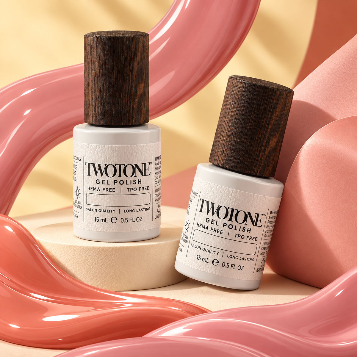 TWOTONE gel polish with its original textured label, white bottle wrap, and dark wood cap