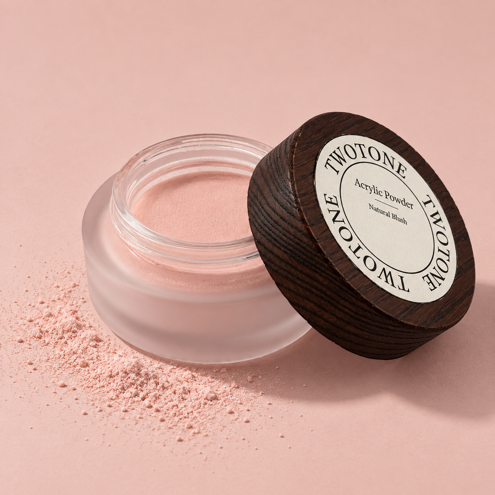 Open jar of Twotone Natural Blush acrylic powder with its wooden lid