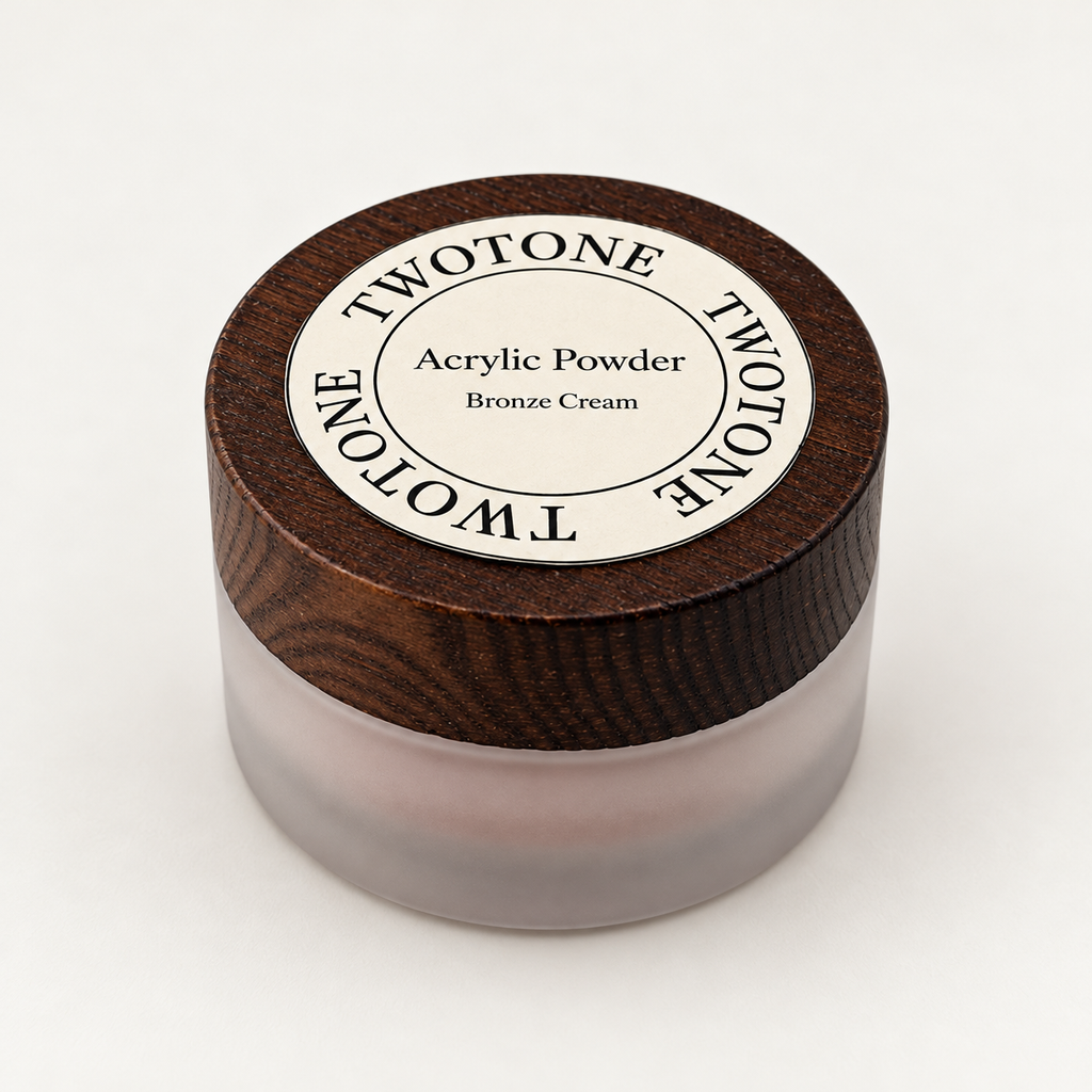 TWOTONE Bronze Cream Acrylic Powder — closed jar with wooden lid
