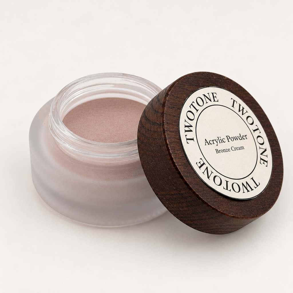 TWOTONE Bronze Cream Acrylic Powder — open jar showing powder with wooden lid beside it