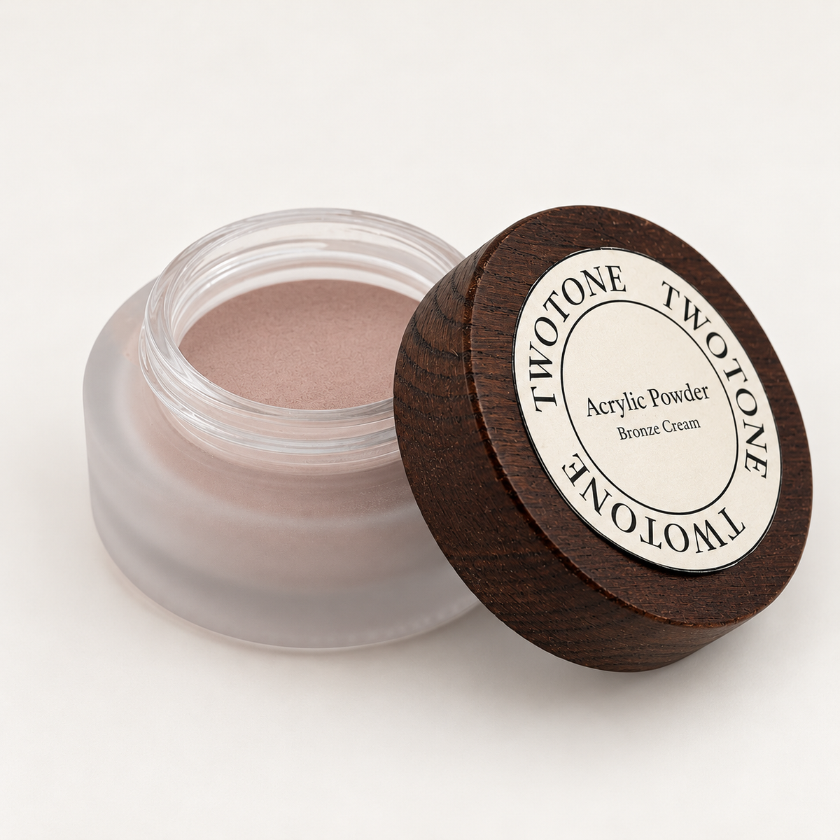 TWOTONE Bronze Cream Acrylic Powder — open jar showing powder with wooden lid beside it