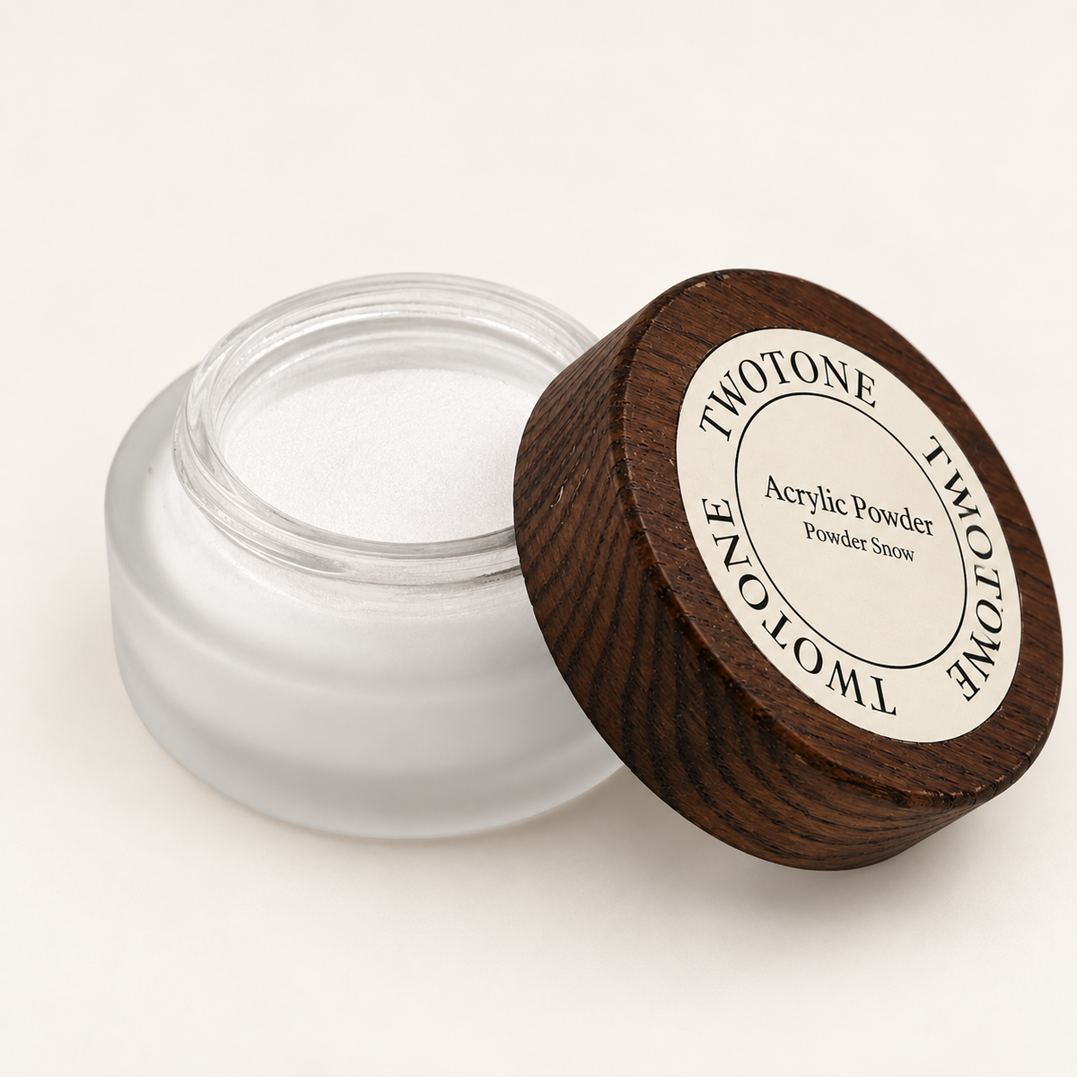 TWOTONE Powder Snow Acrylic Powder — open jar showing powder with wooden lid beside it
