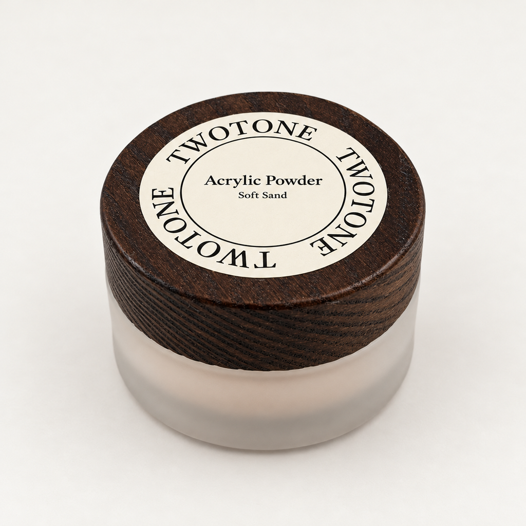 TWOTONE Soft Sand Acrylic Powder — closed jar with wooden lid