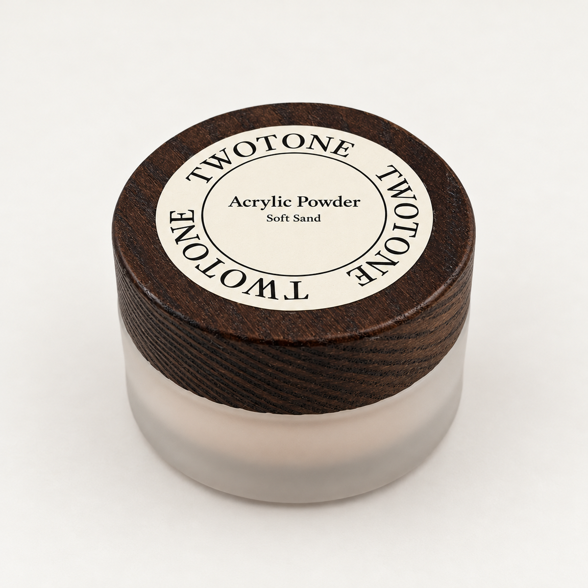 TWOTONE Soft Sand Acrylic Powder — closed jar with wooden lid