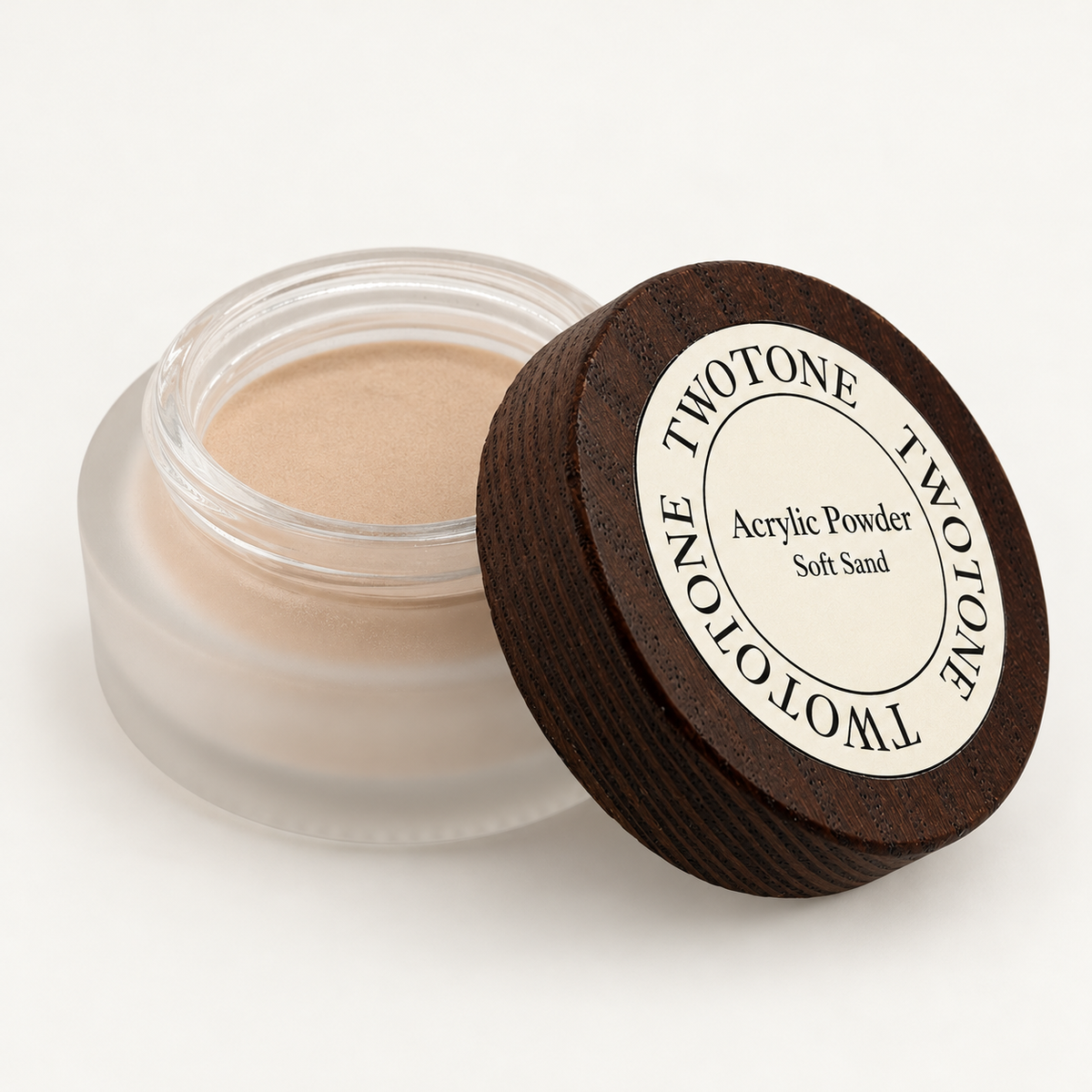 TWOTONE Soft Sand Acrylic Powder — open jar showing powder with wooden lid beside it