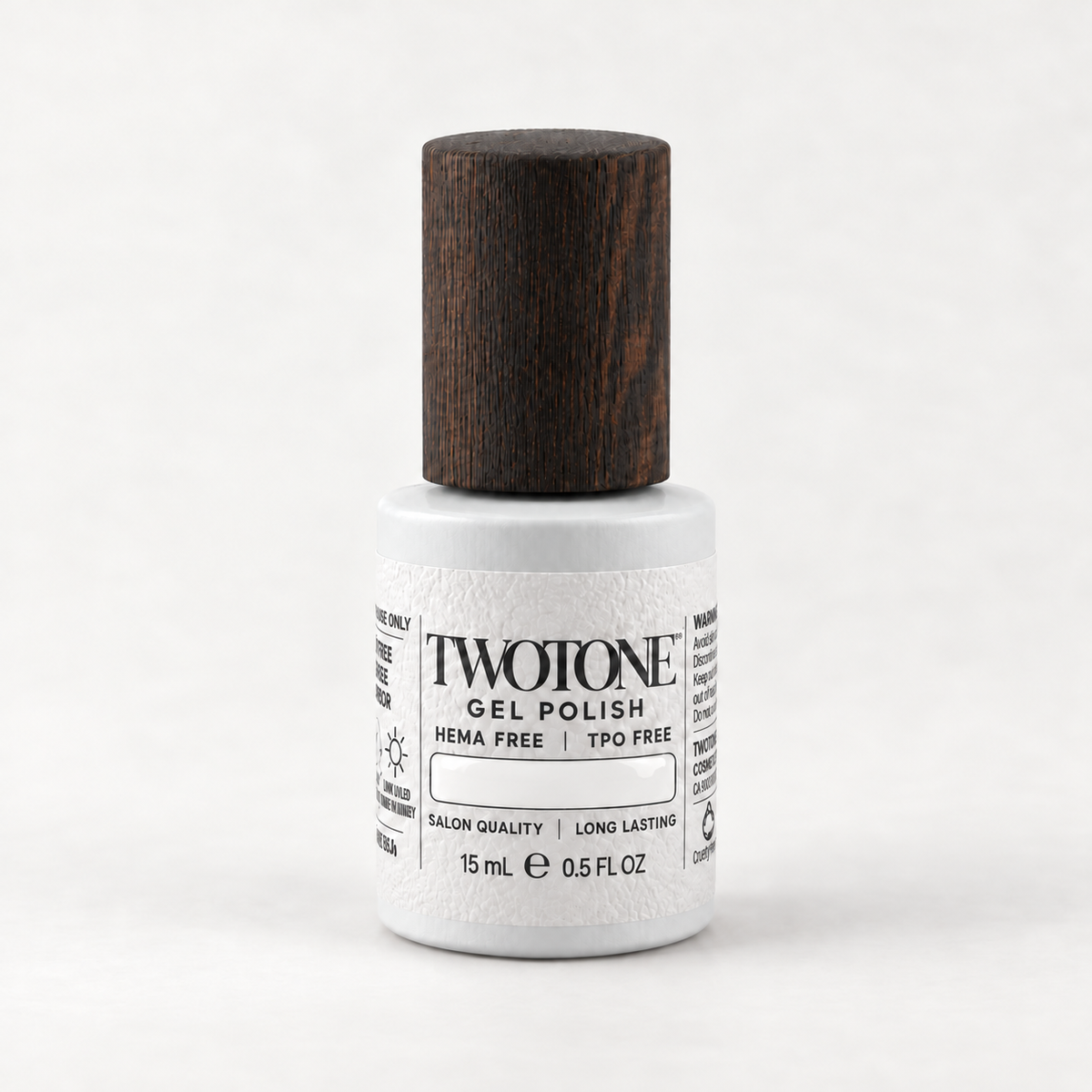 TWOTONE Blanco gel polish, 15 mL, white bottle with dark wooden cap and opaque clean white swatch