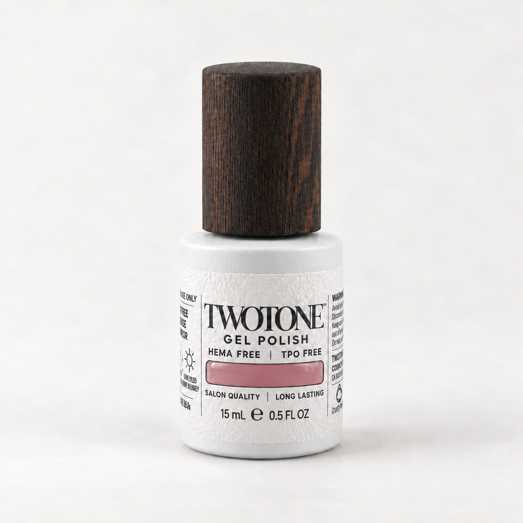 TWOTONE Cherry Blossom gel polish, 15 mL, white bottle with dark wooden cap and muted mauve rose swatch