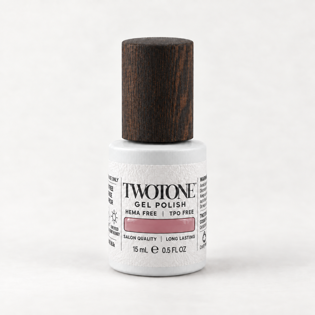 TWOTONE Cherry Blossom gel polish, 15 mL, white bottle with dark wooden cap and muted mauve rose swatch
