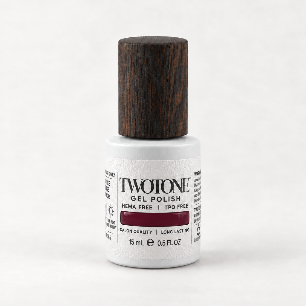 TWOTONE Deep Plum gel polish, 15 mL, white bottle with dark wooden cap and dark wine burgundy swatch