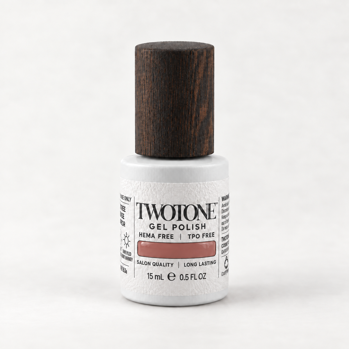 TWOTONE Fluster gel polish, 15 mL, white bottle with dark wooden cap and warm dusty terracotta rose swatch