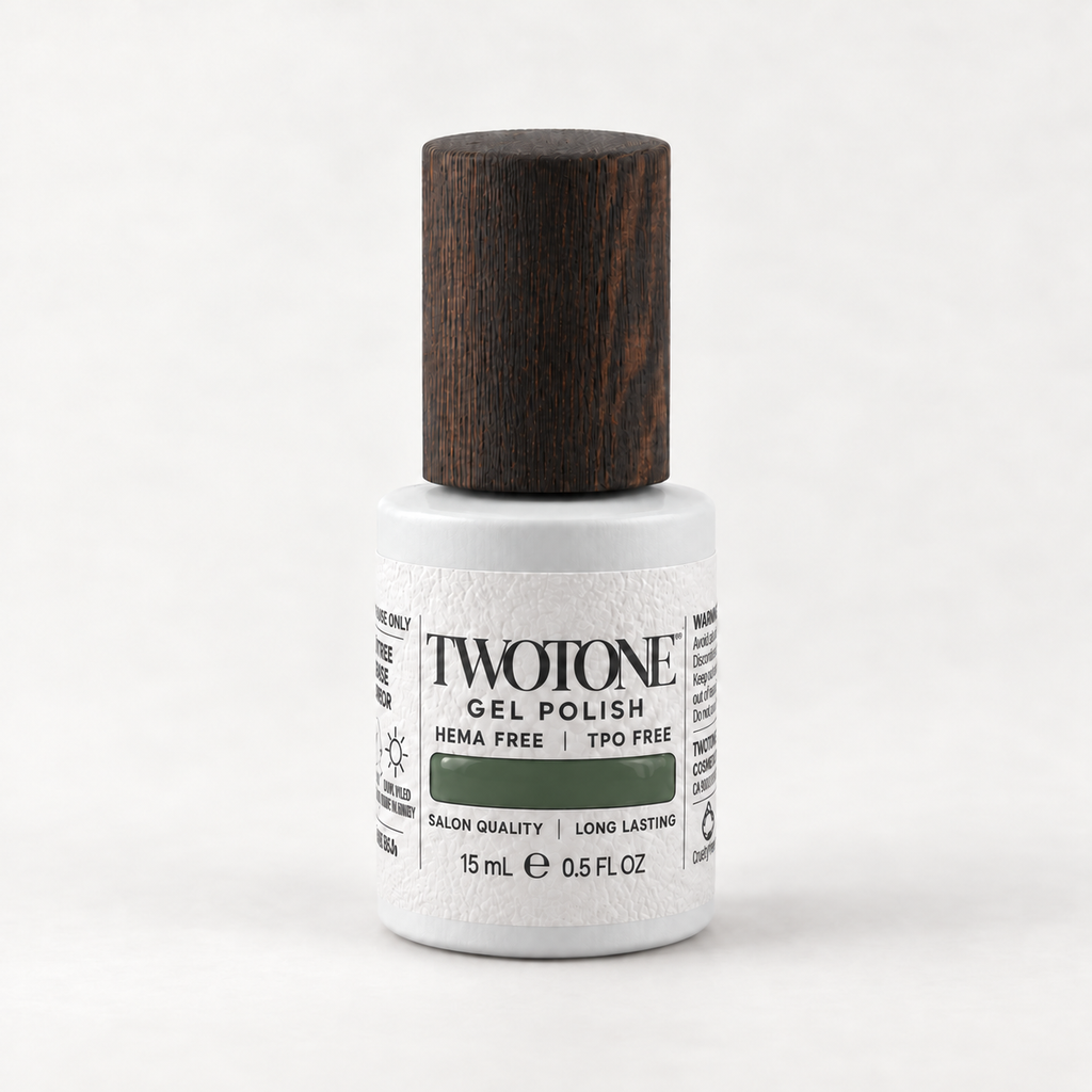 TWOTONE Into the Woods gel polish, 15 mL, white bottle with dark wooden cap and muted deep forest olive green swatch