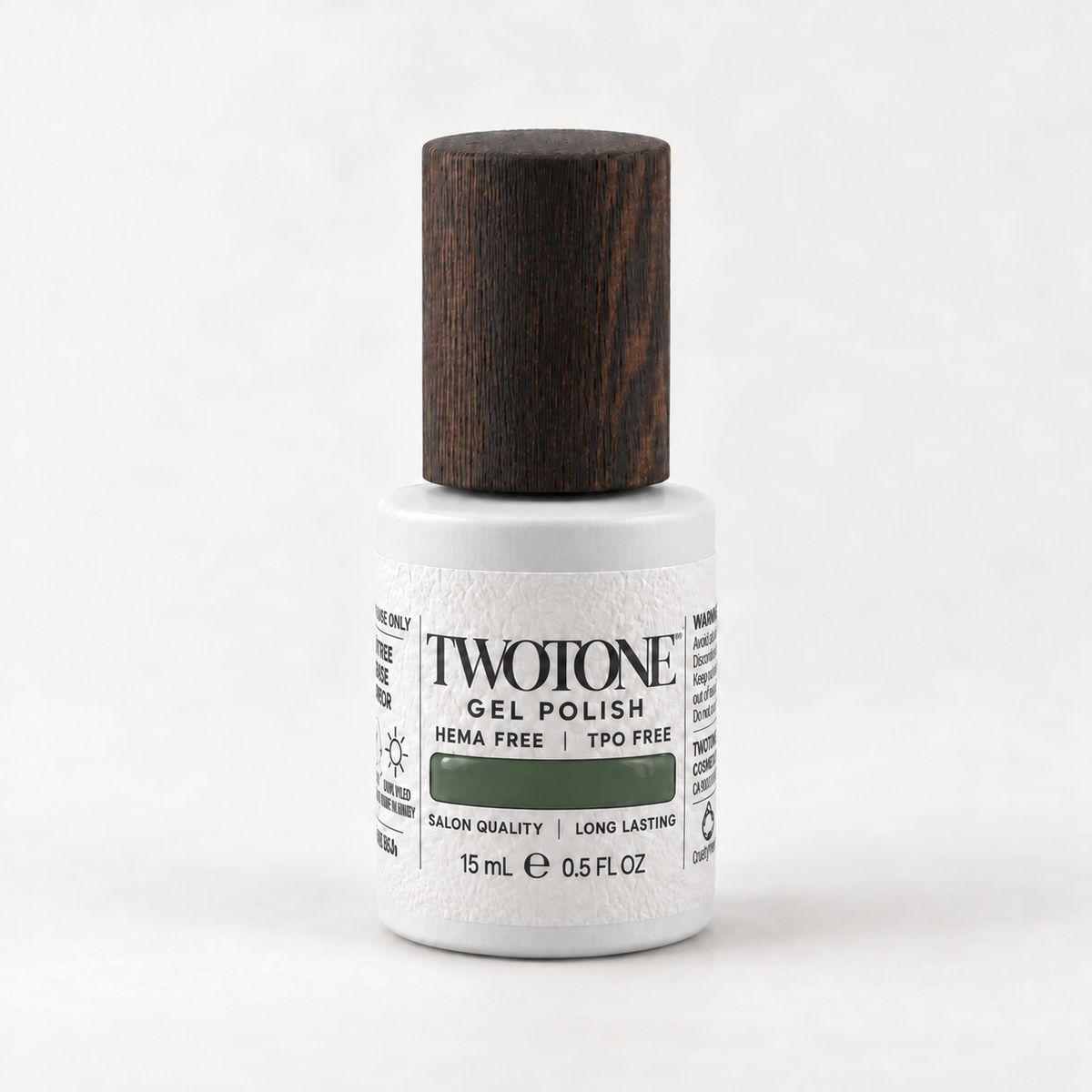 TWOTONE Into the Woods gel polish, 15 mL, white bottle with dark wooden cap and muted deep forest olive green swatch