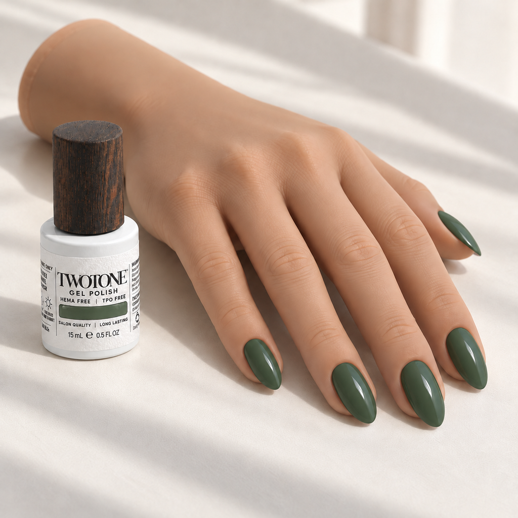 Illustrative Into the Woods manicure on a silicone practice hand beside the TWOTONE bottle; color appearance may vary