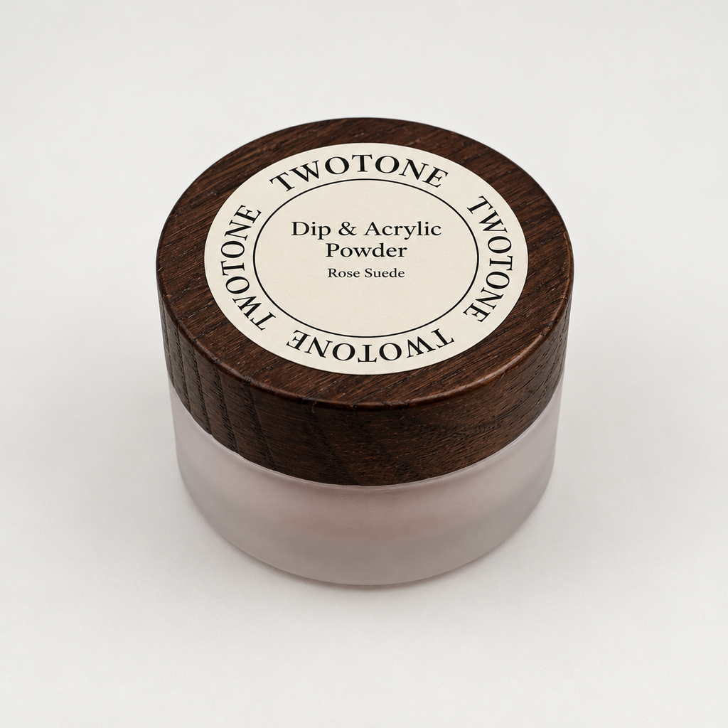 TWOTONE Rose Suede Dip & Acrylic Powder in a frosted jar with dark wooden lid and cream label