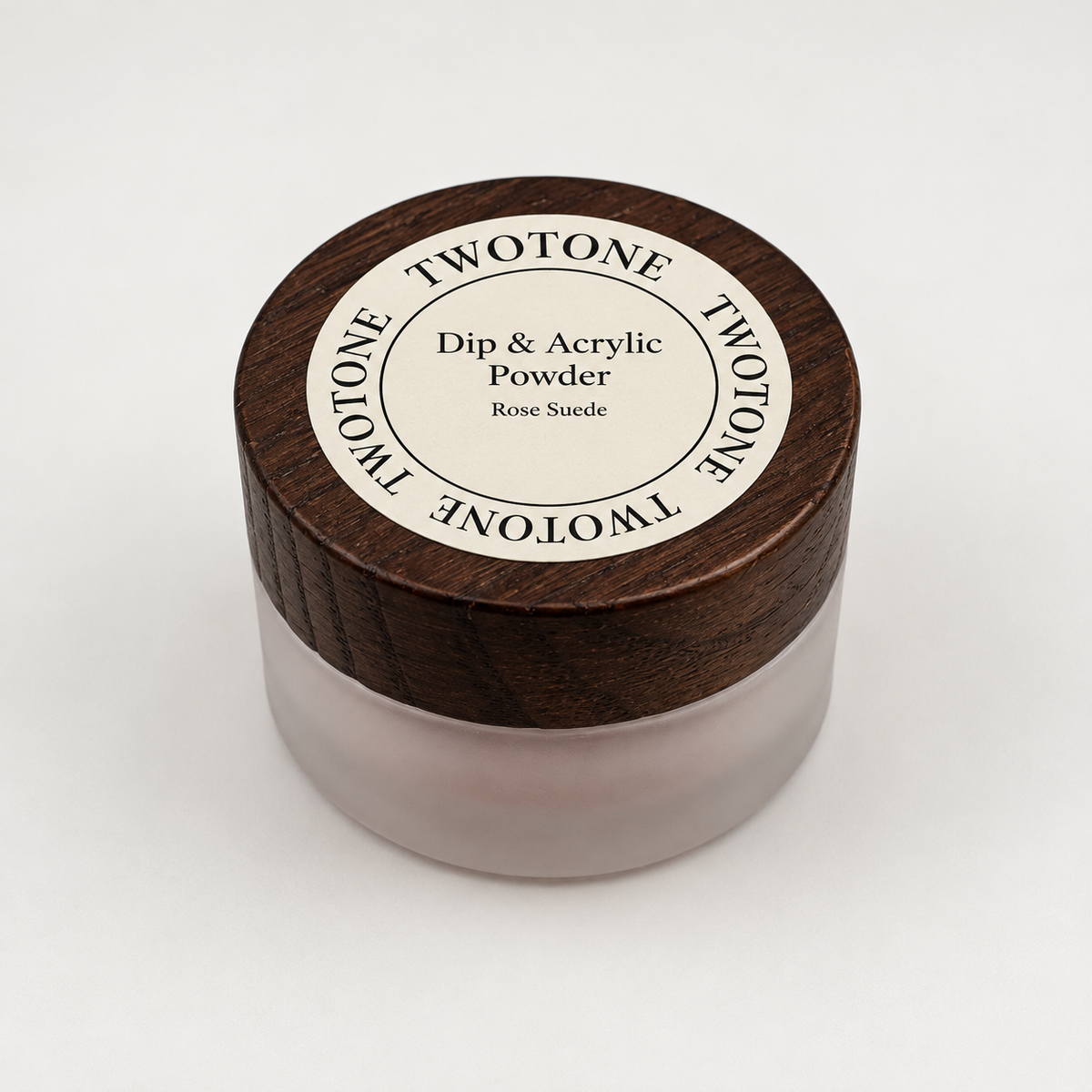 TWOTONE Rose Suede Dip & Acrylic Powder in a frosted jar with dark wooden lid and cream label