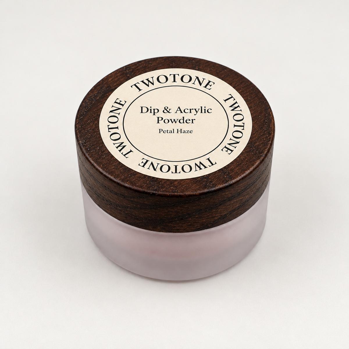 TWOTONE Petal Haze Dip & Acrylic Powder in a frosted jar with dark wooden lid and cream label
