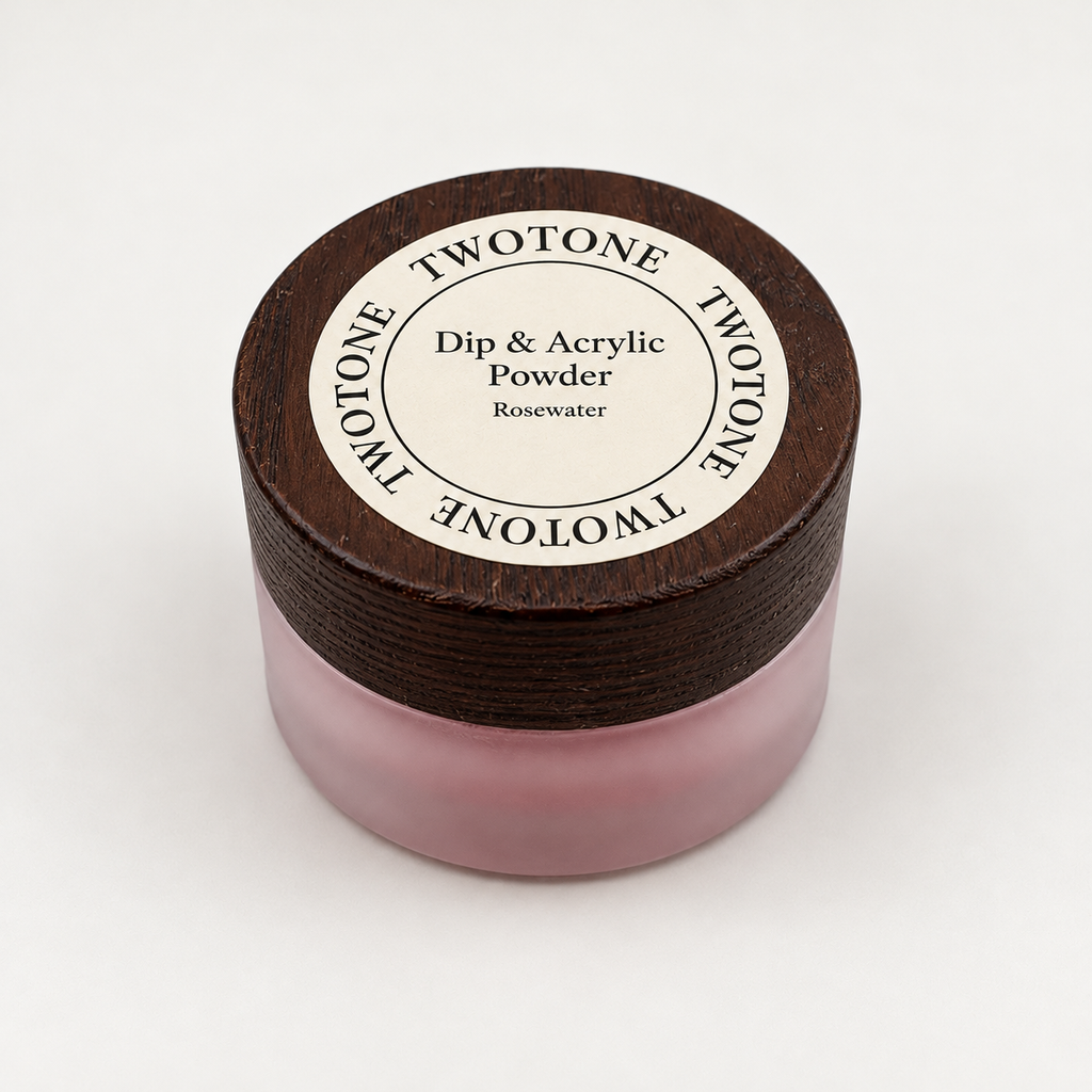 TWOTONE Rosewater Dip & Acrylic Powder in a frosted jar with dark wooden lid and cream label