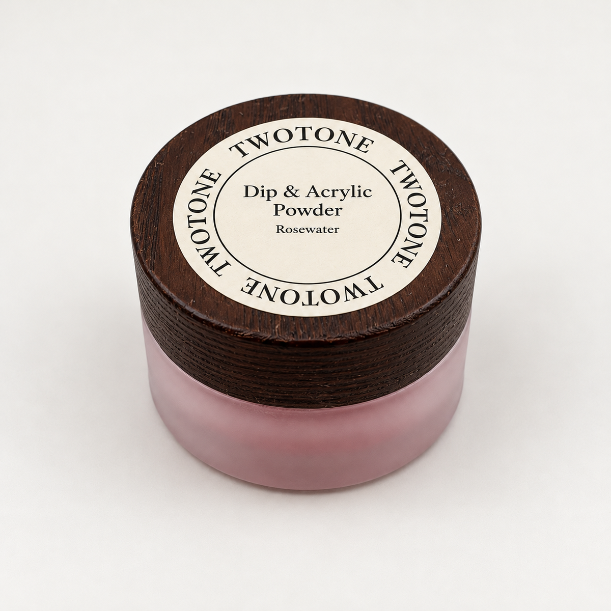TWOTONE Rosewater Dip & Acrylic Powder in a frosted jar with dark wooden lid and cream label