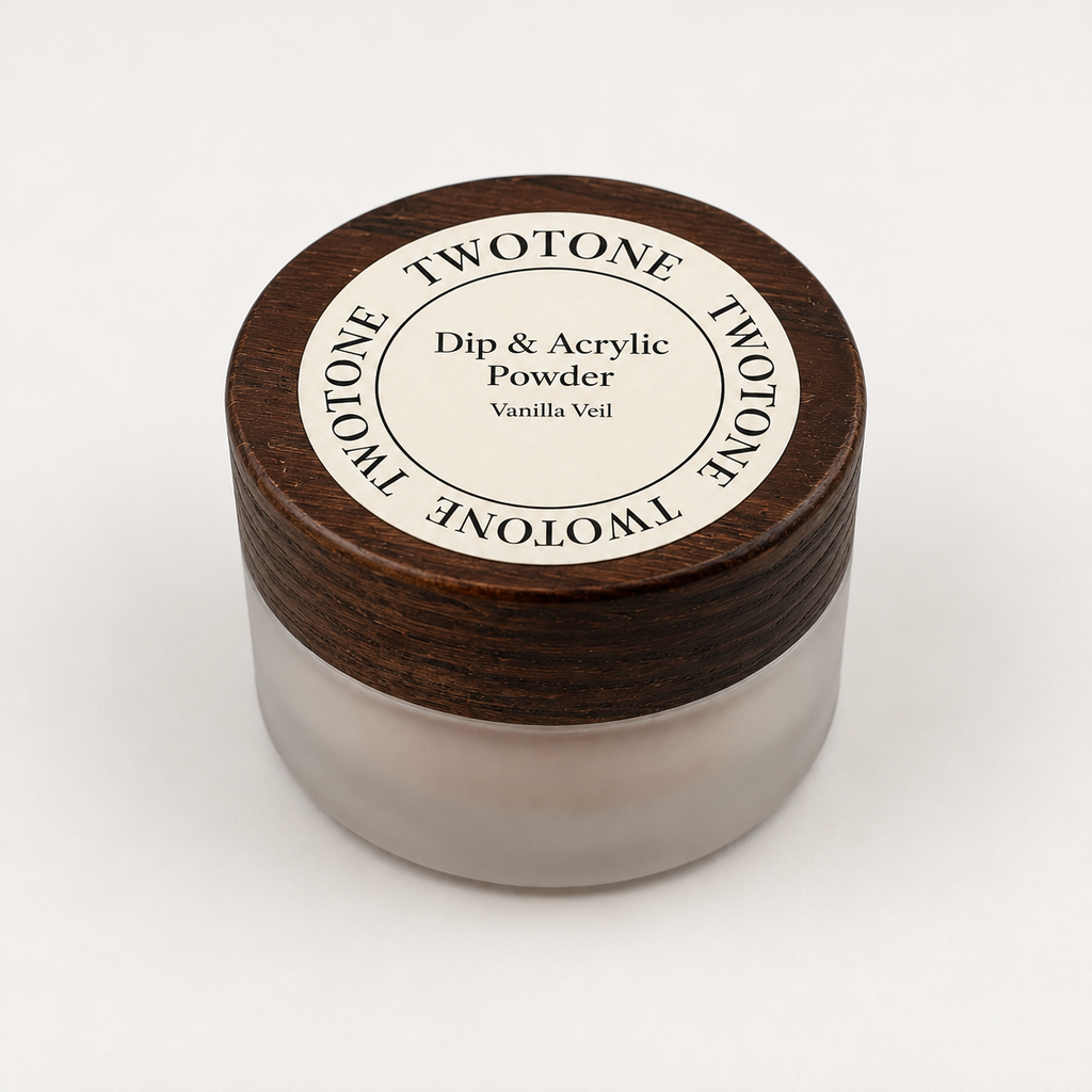 TWOTONE Vanilla Veil Dip & Acrylic Powder in a frosted jar with dark wooden lid and cream label