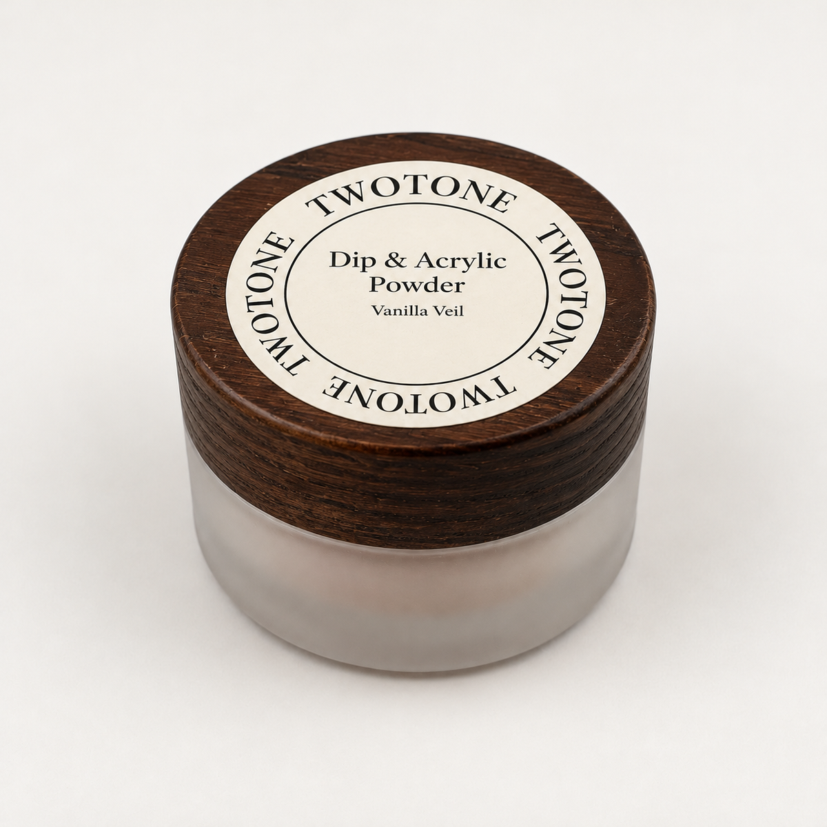 TWOTONE Vanilla Veil Dip & Acrylic Powder in a frosted jar with dark wooden lid and cream label