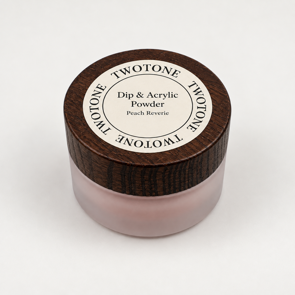 TWOTONE Peach Reverie Dip & Acrylic Powder in a frosted jar with dark wooden lid and cream label