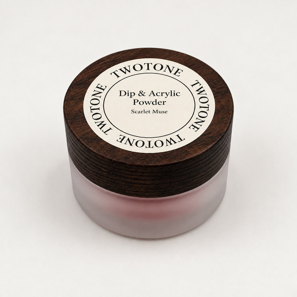 TWOTONE Scarlet Muse Dip & Acrylic Powder in a frosted jar with dark wooden lid and cream label