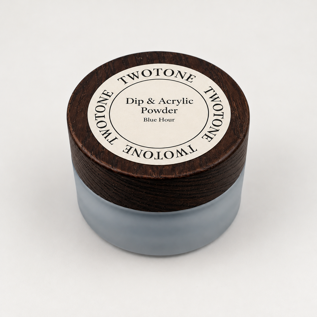 TWOTONE Blue Hour Dip & Acrylic Powder in a frosted jar with dark wooden lid and cream label