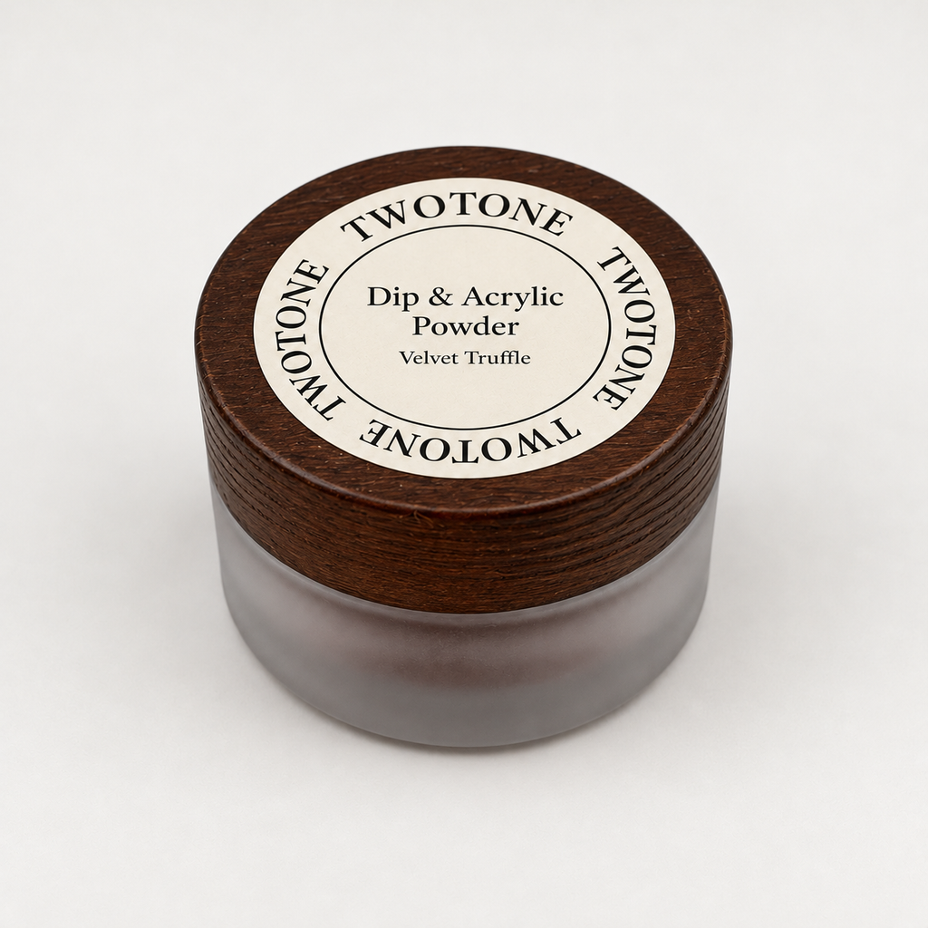 TWOTONE Velvet Truffle Dip & Acrylic Powder in a frosted jar with dark wooden lid and cream label