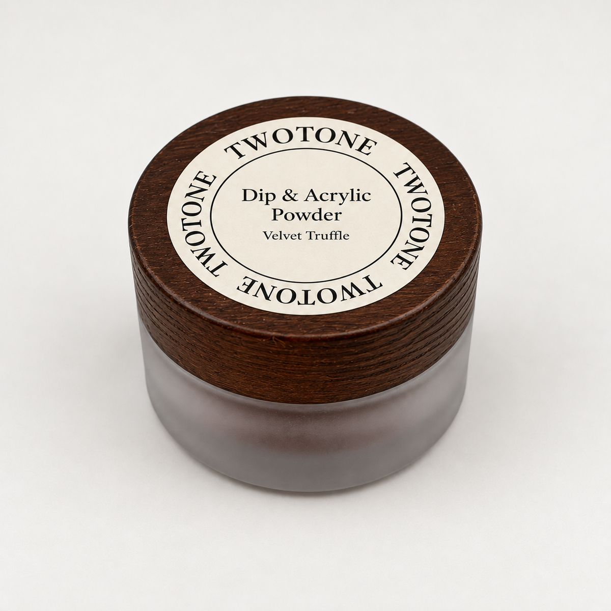 TWOTONE Velvet Truffle Dip & Acrylic Powder in a frosted jar with dark wooden lid and cream label