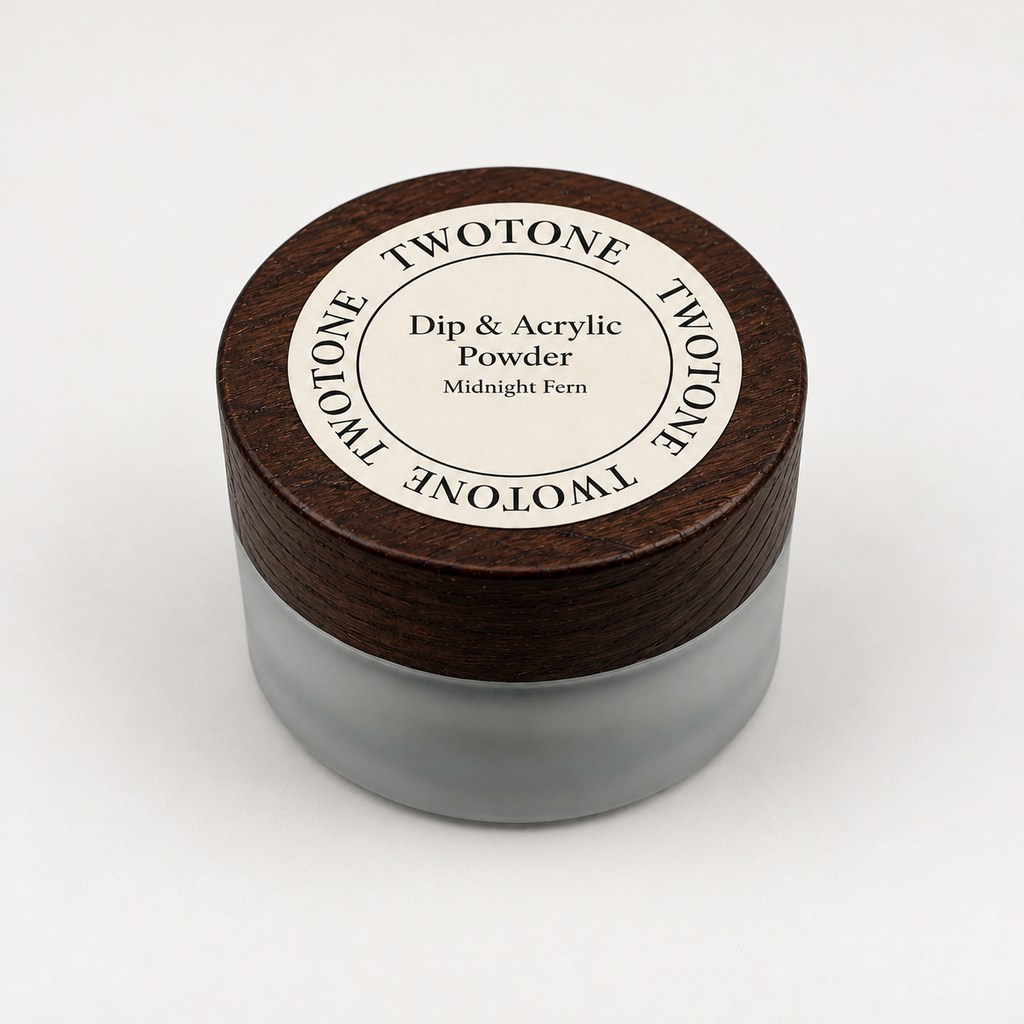 TWOTONE Midnight Fern Dip & Acrylic Powder in a frosted jar with dark wooden lid and cream label