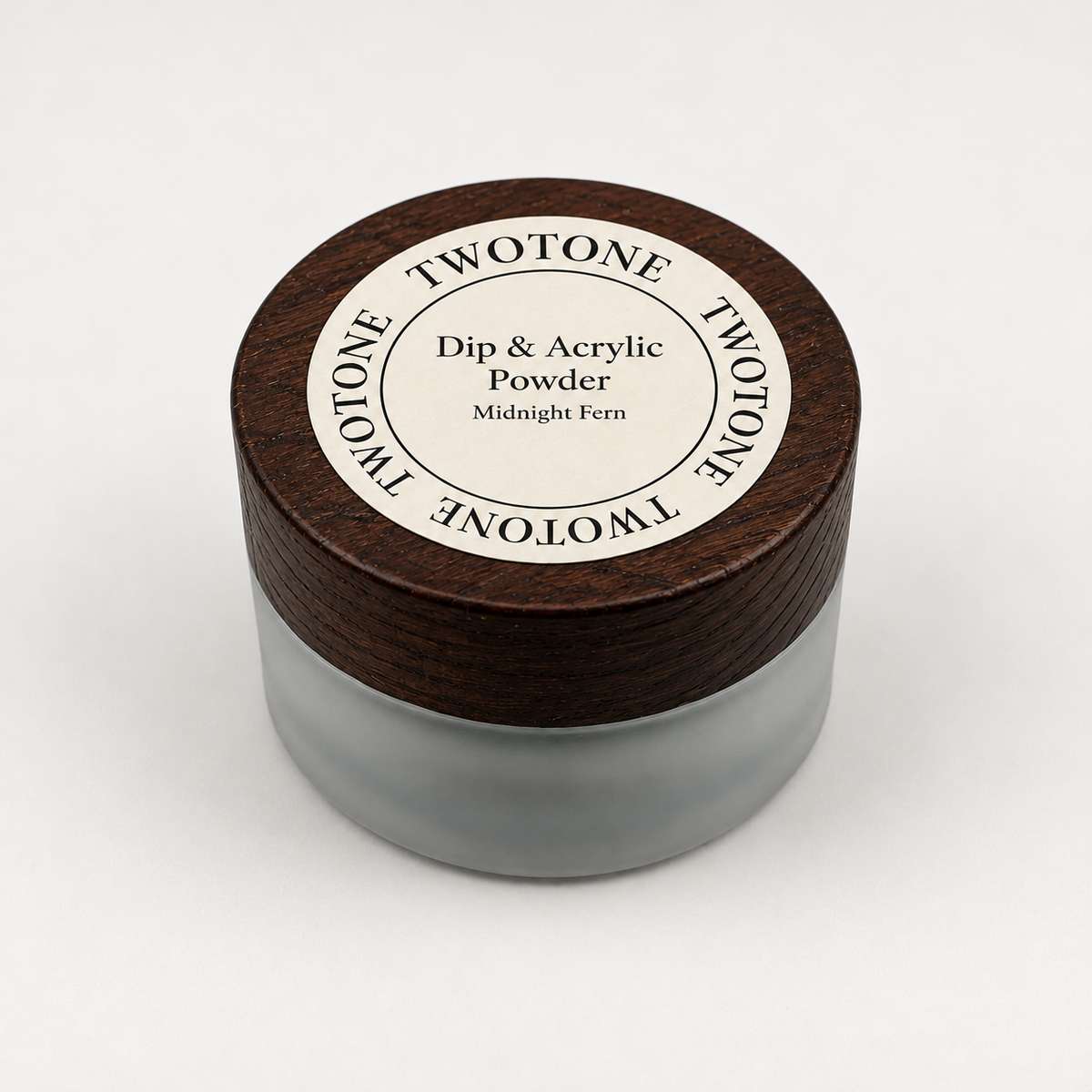 TWOTONE Midnight Fern Dip & Acrylic Powder in a frosted jar with dark wooden lid and cream label