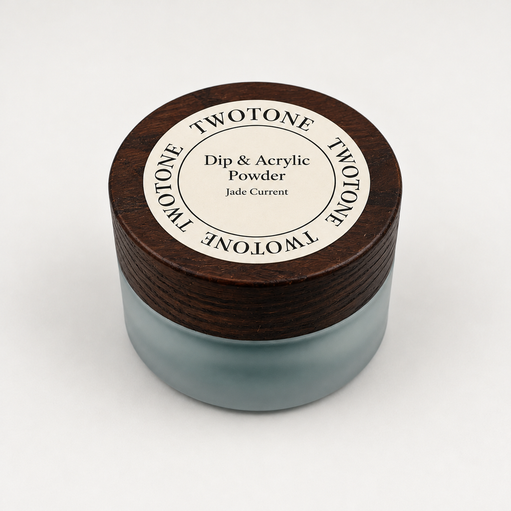 TWOTONE Jade Current Dip & Acrylic Powder in a frosted jar with dark wooden lid and cream label