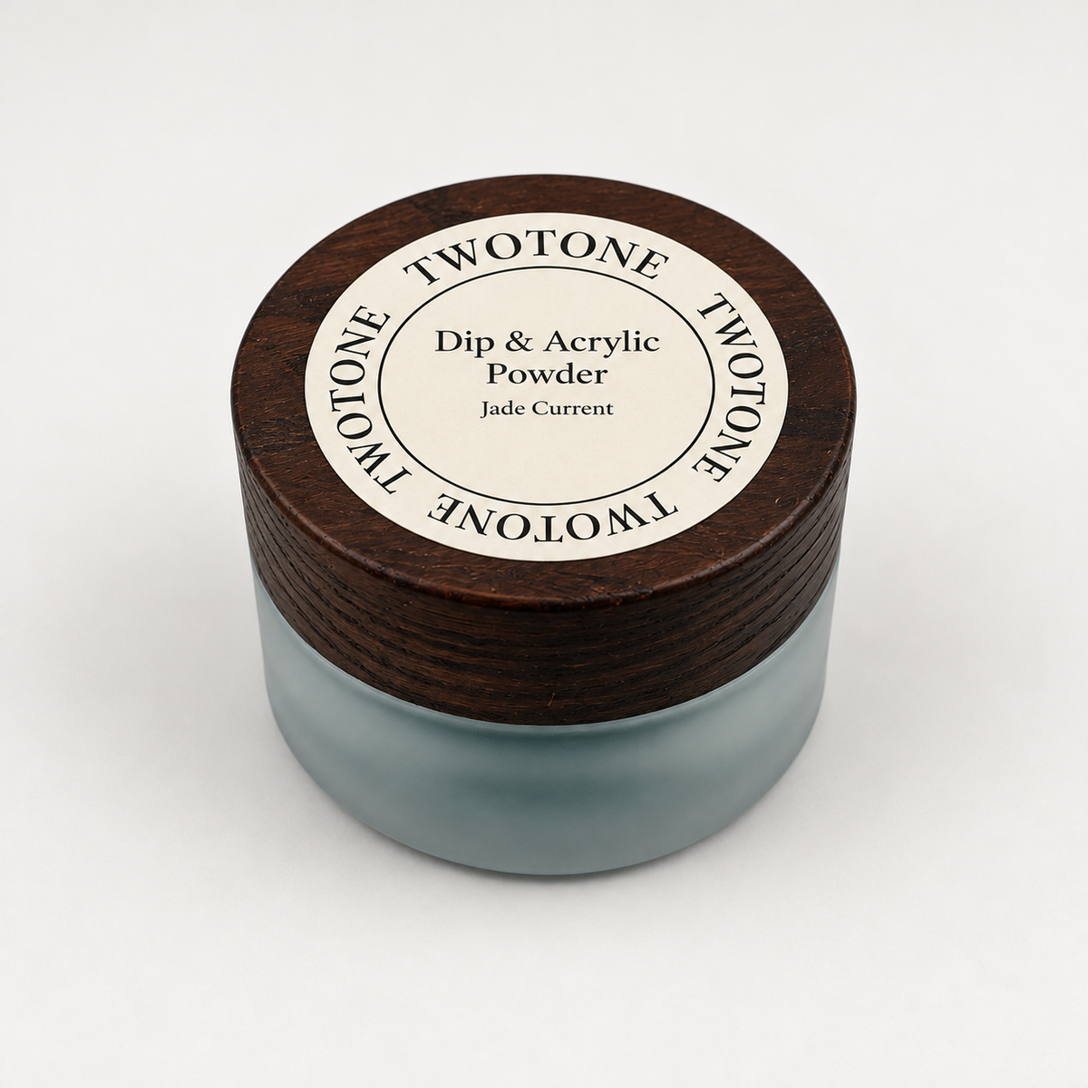 TWOTONE Jade Current Dip & Acrylic Powder in a frosted jar with dark wooden lid and cream label