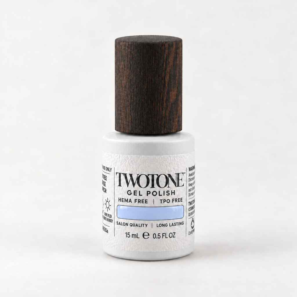 TWOTONE Periwinkle Wash gel polish, 15 mL, white bottle with dark wooden cap and pale powder blue, slightly lighter and icier than Soft Lavender swatch