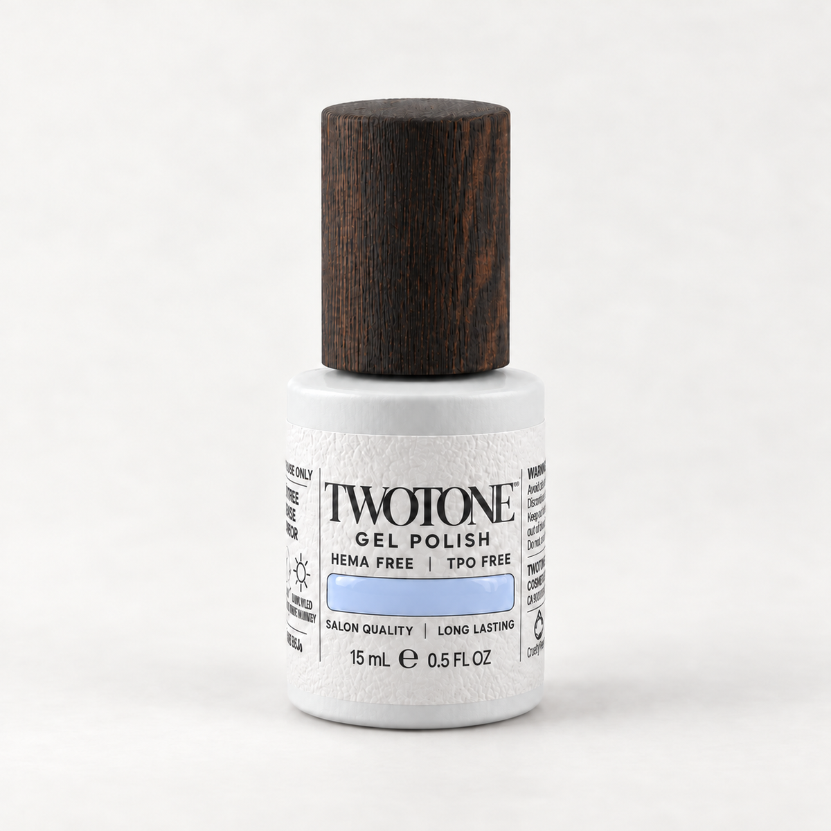 TWOTONE Periwinkle Wash gel polish, 15 mL, white bottle with dark wooden cap and pale powder blue, slightly lighter and icier than Soft Lavender swatch