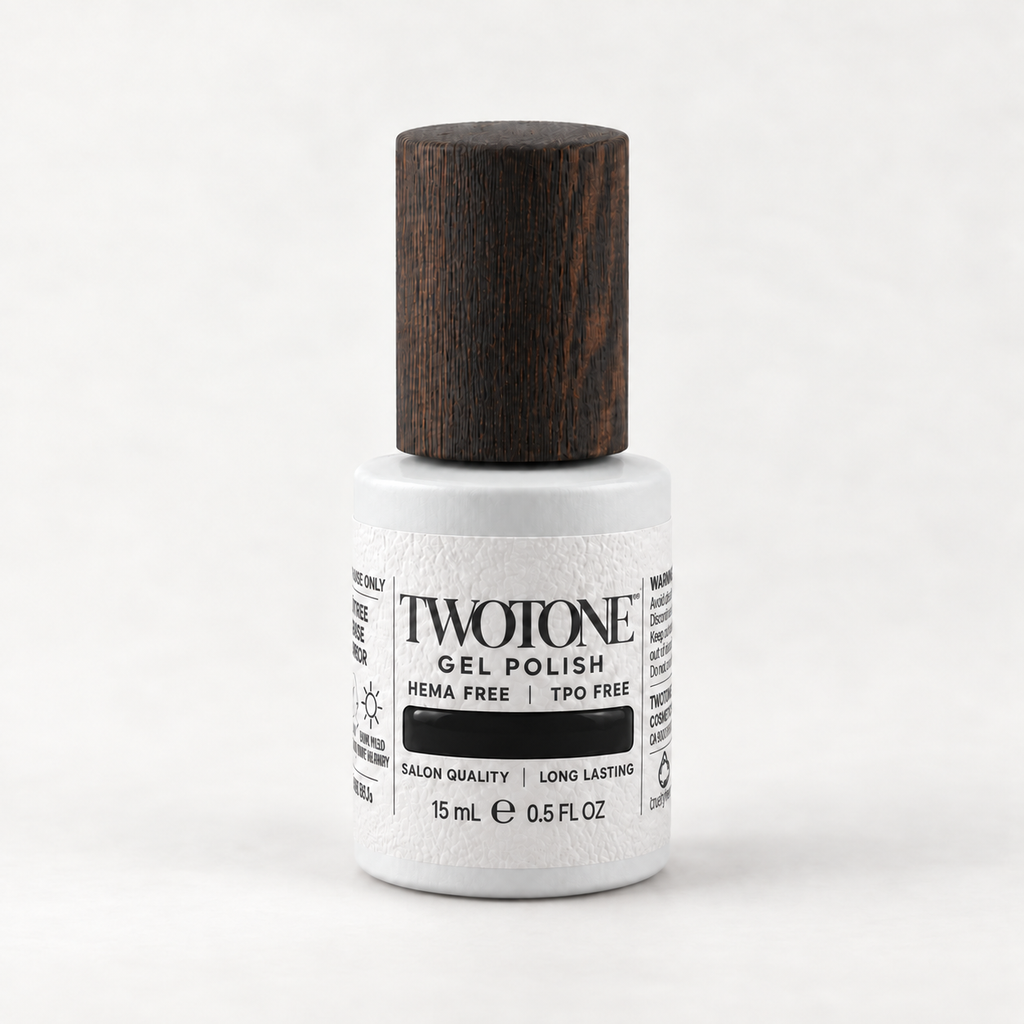 TWOTONE Pure Noir gel polish, 15 mL, white bottle with dark wooden cap and opaque jet black swatch