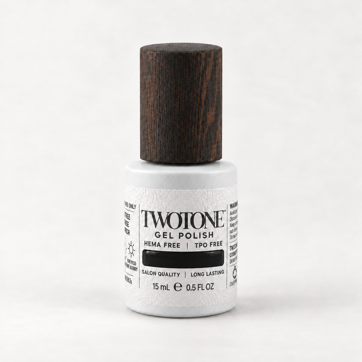 TWOTONE Pure Noir gel polish, 15 mL, white bottle with dark wooden cap and opaque jet black swatch