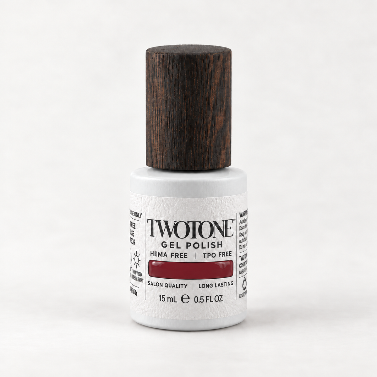 TWOTONE Rooster Red gel polish, 15 mL, white bottle with dark wooden cap and deep classic red swatch
