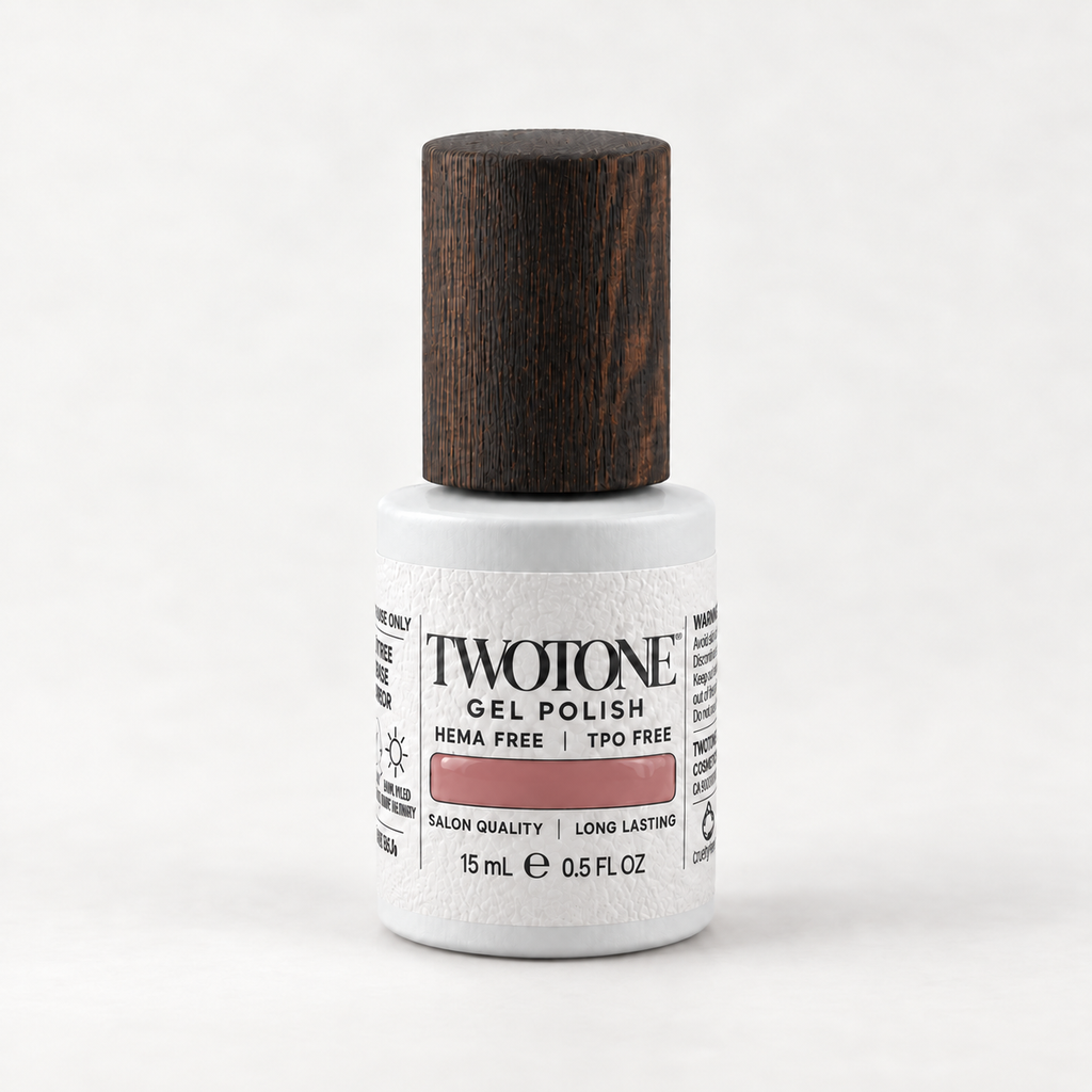 TWOTONE Rosa gel polish, 15 mL, white bottle with dark wooden cap and muted medium dusty rose pink swatch
