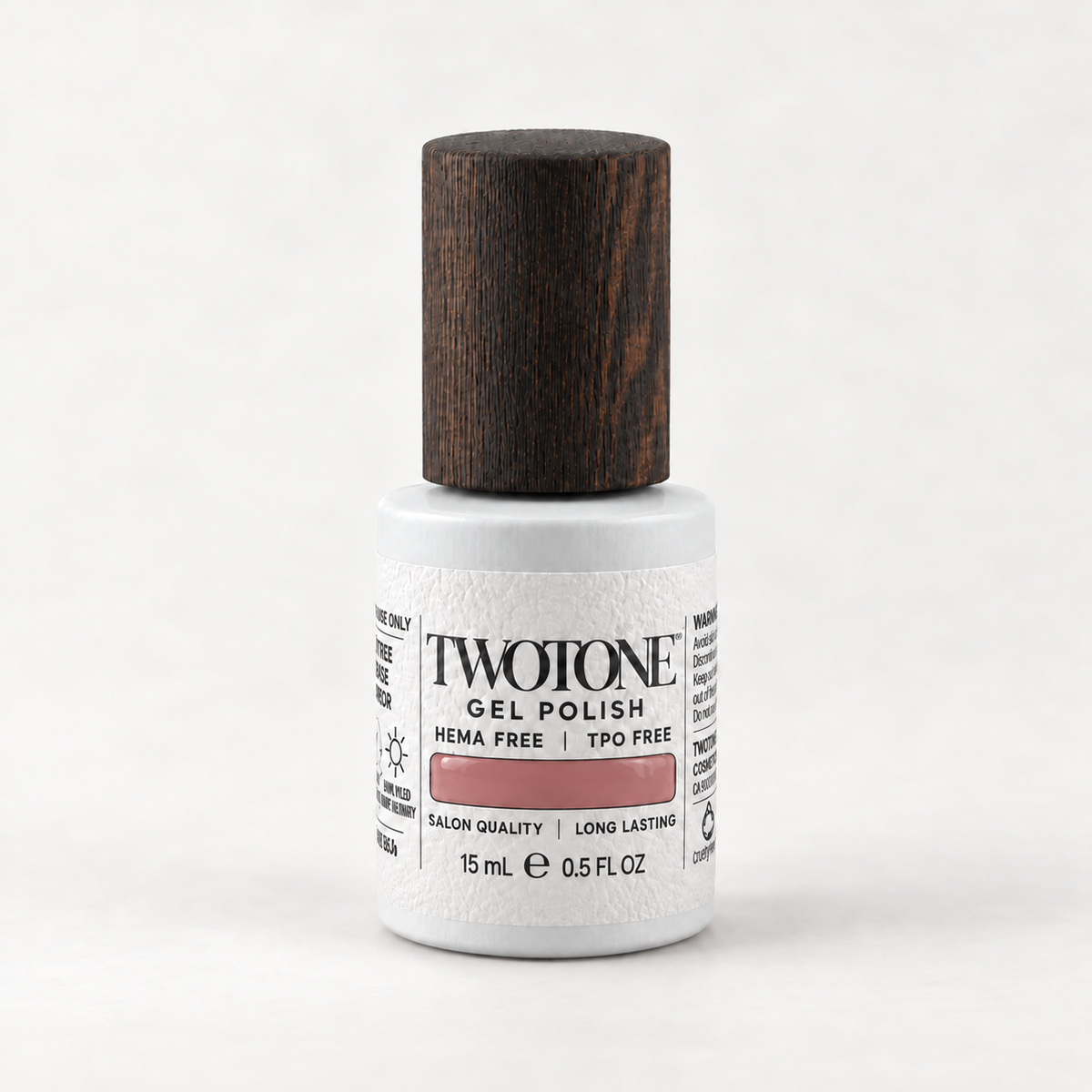 TWOTONE Rosa gel polish, 15 mL, white bottle with dark wooden cap and muted medium dusty rose pink swatch
