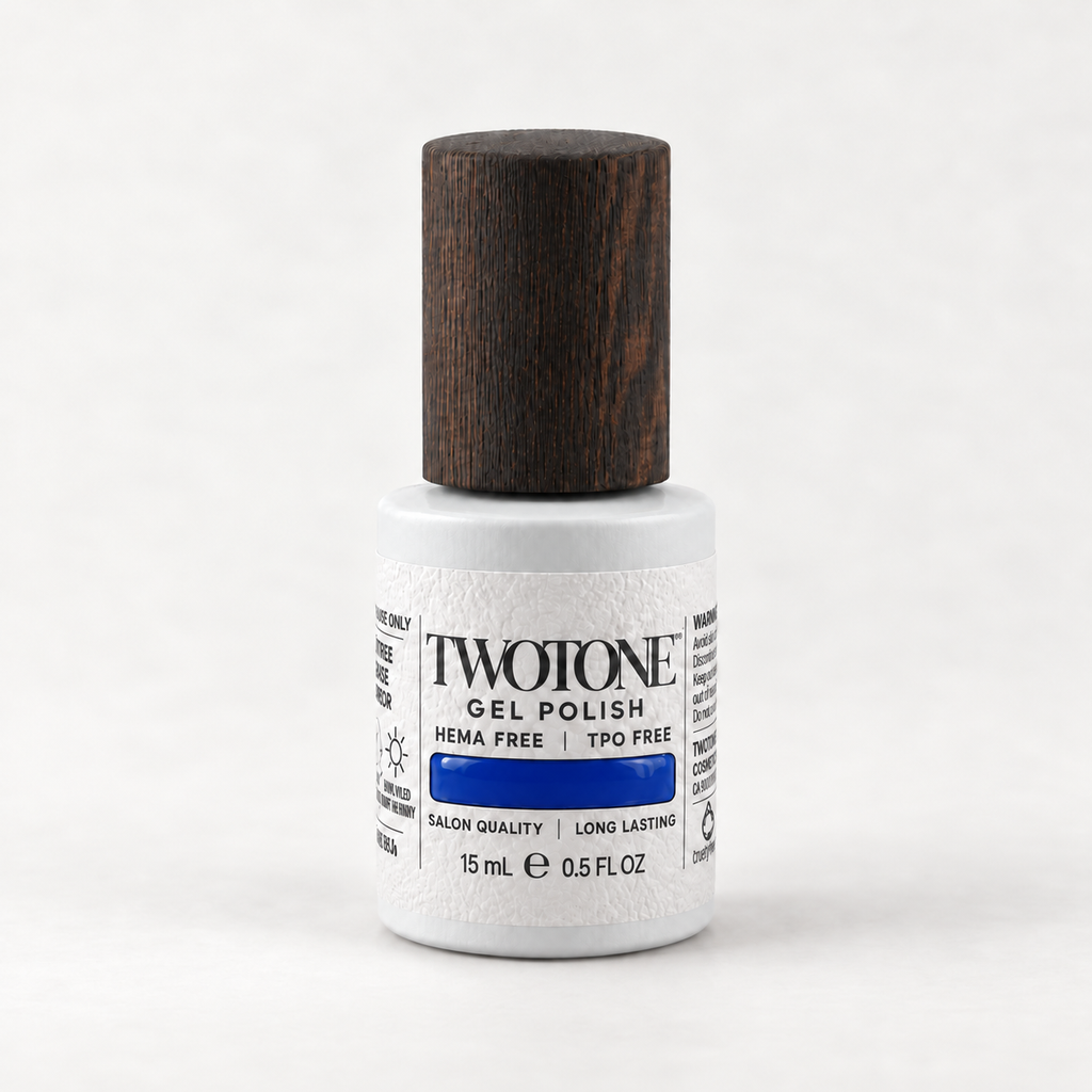 TWOTONE Royal Abyss gel polish, 15 mL, white bottle with dark wooden cap and deep saturated royal cobalt blue swatch