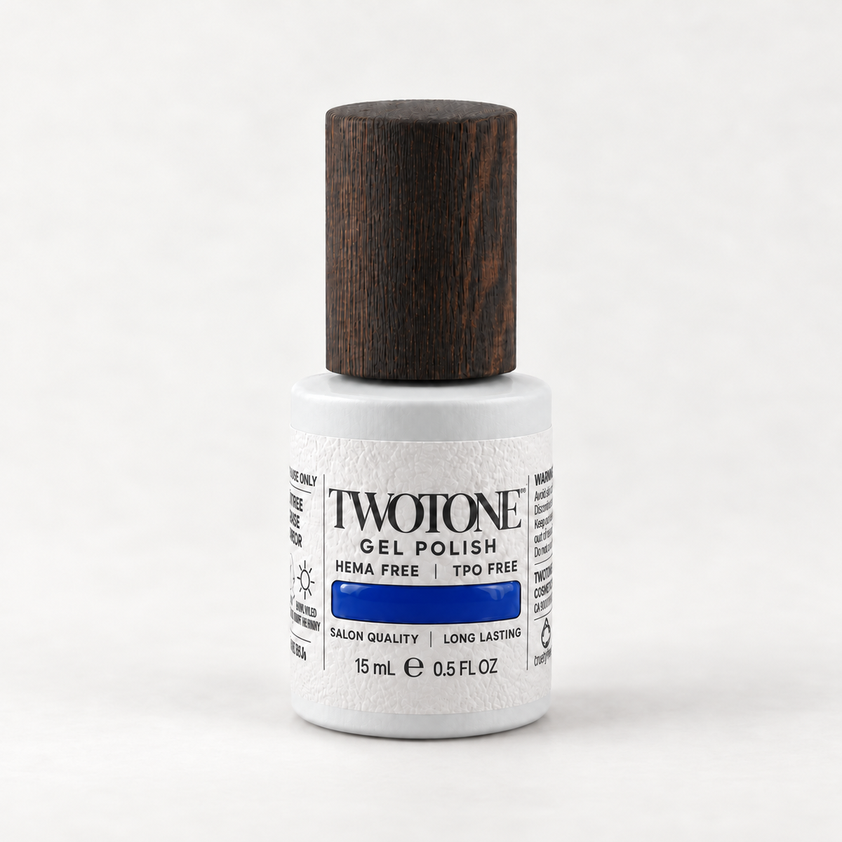 TWOTONE Royal Abyss gel polish, 15 mL, white bottle with dark wooden cap and deep saturated royal cobalt blue swatch