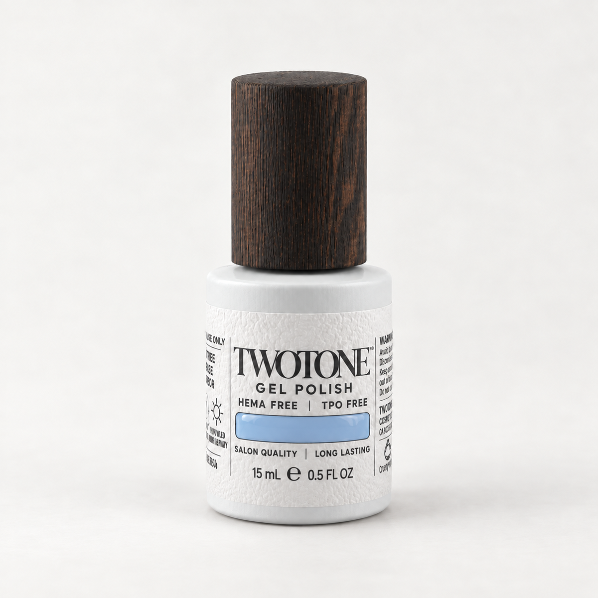 TWOTONE Soft Lavender gel polish, 15 mL, white bottle with dark wooden cap and baby blue swatch