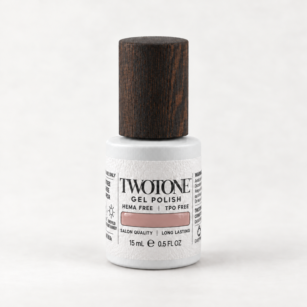 TWOTONE The Other Pink gel polish, 15 mL, white bottle with dark wooden cap and muted nude dusty rose pink swatch