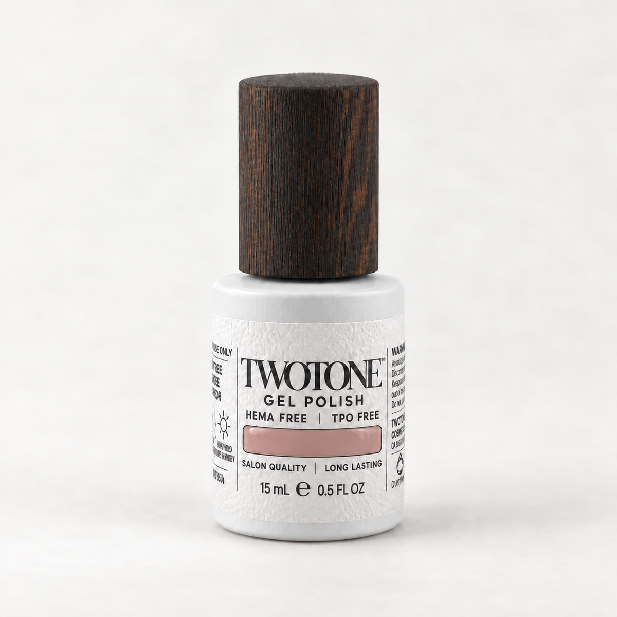 TWOTONE The Other Pink gel polish, 15 mL, white bottle with dark wooden cap and muted nude dusty rose pink swatch